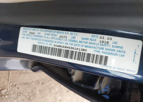 2003 Volkswagen Jetta Gl from USA, damaged, VIN 3VWRK69M43M161380